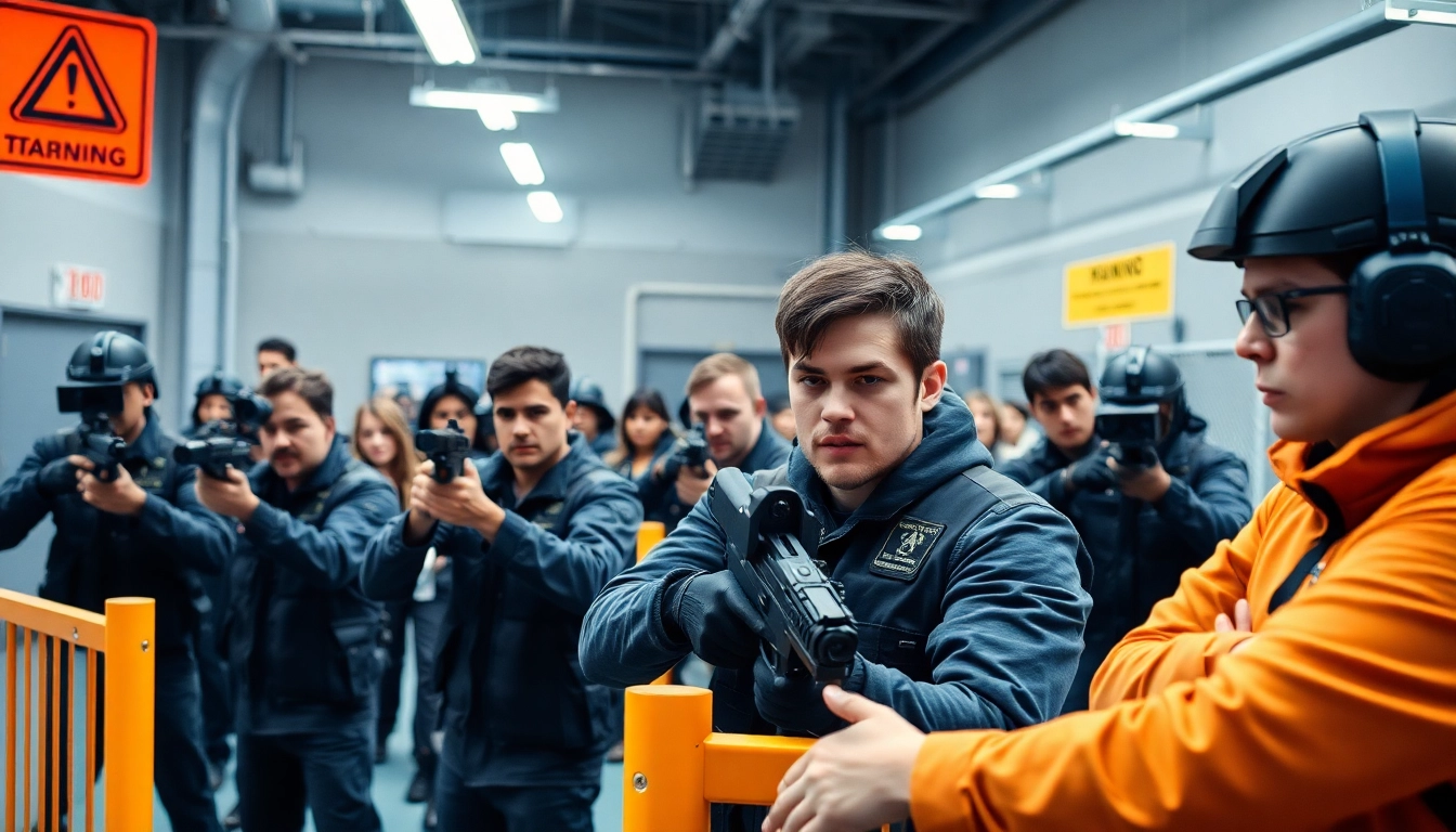 Engaged participants in active shooter training session practicing drills in a training facility.