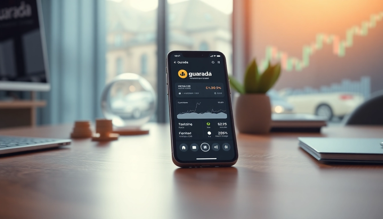 Explore secure features of guarda wallet on a smartphone interface amidst crypto symbols and financial graphs.
