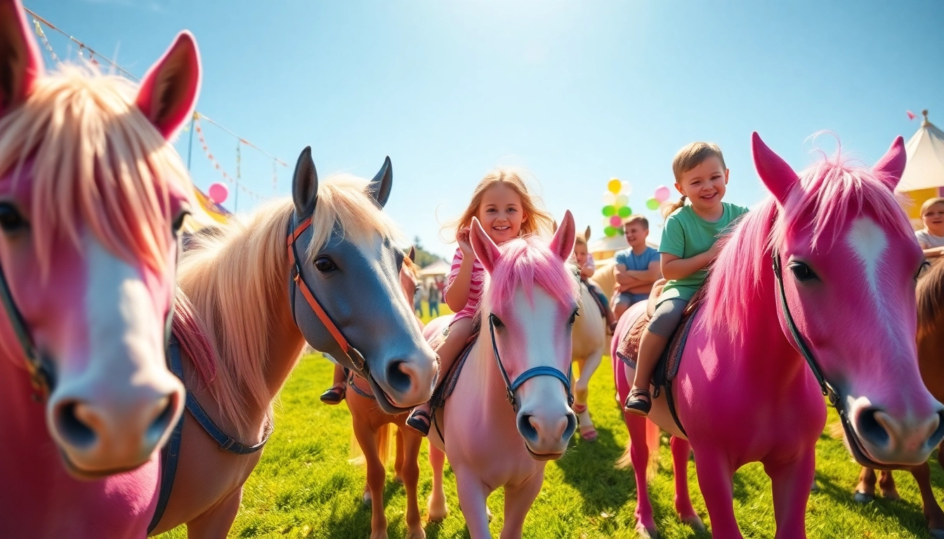 Pony rides delight children at a festive outdoor event, surrounded by colorful ponies and cheerful atmosphere.