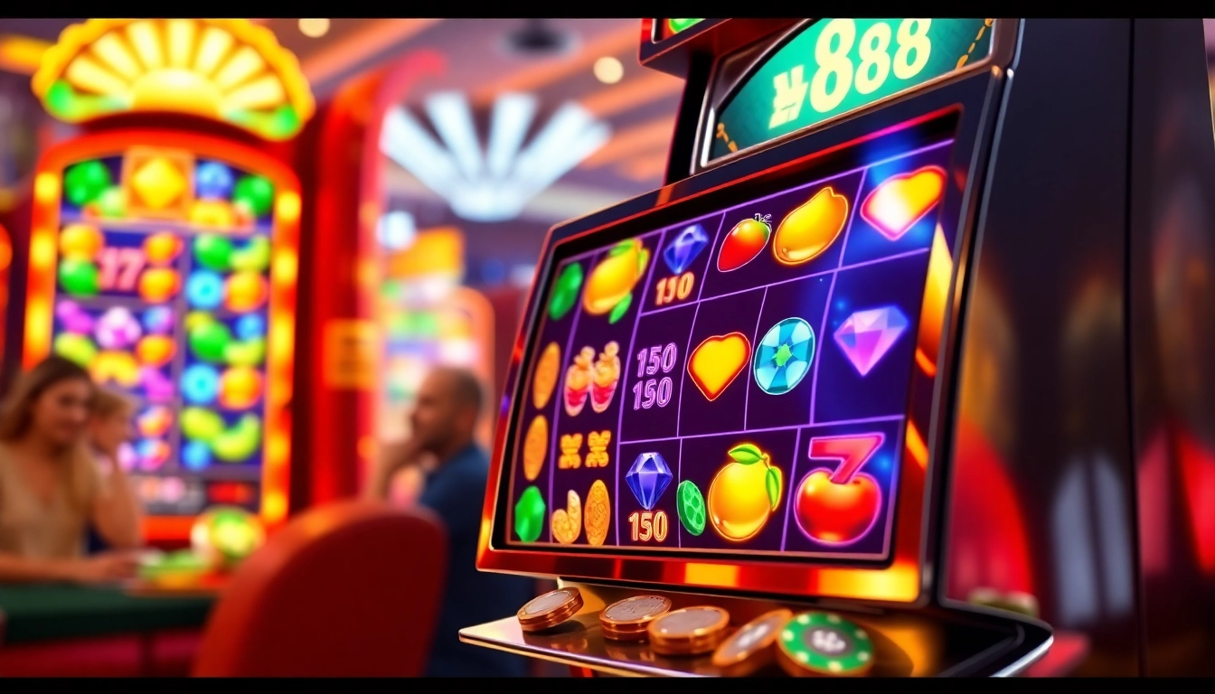 Permainan bos88 slot dengan simbol beruntung di mesin slot yang penuh warna.