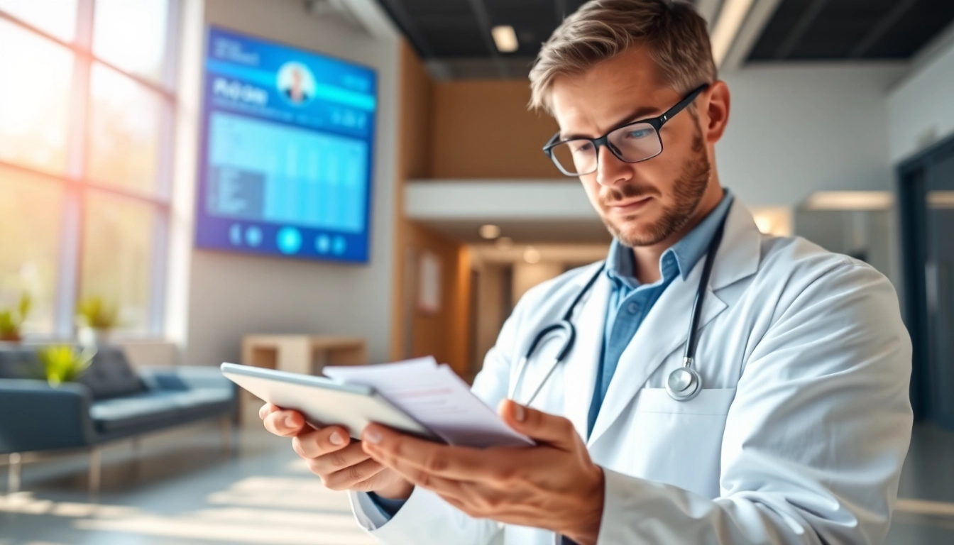 Reviewing eprescribing software reviews on a tablet in a modern medical office