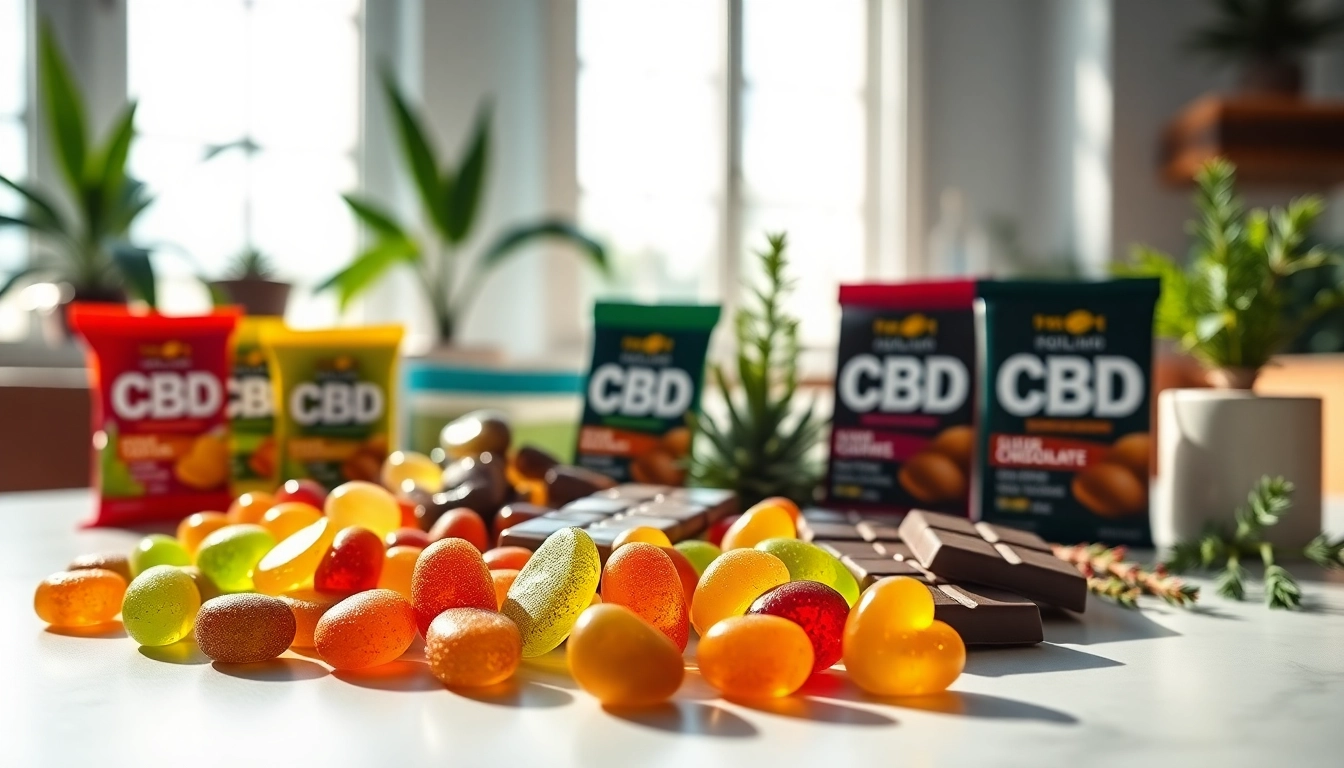 Showcasing vibrant wholesale cbd edibles, featuring colorful gummies and chocolates on a modern table.