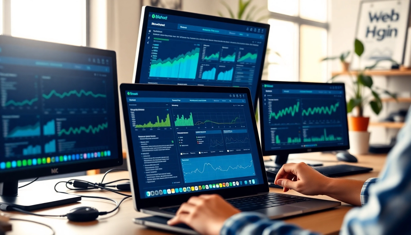Manage your website effectively with Bluehost services illustrated in a modern office.