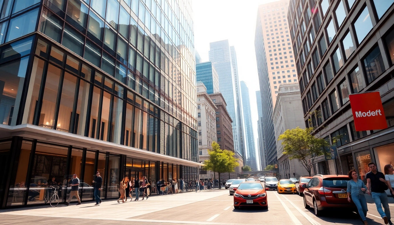 Ansicht von architektur visualisierung eines modernen Gebäudes in urbaner Umgebung mit lebendiger Atmosphäre.