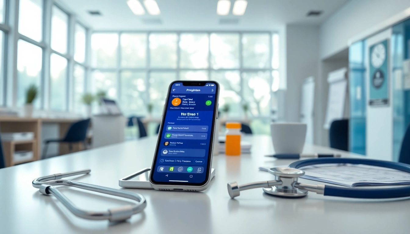 Showcase of top rated prescription applications on a smartphone in a modern clinic setting.