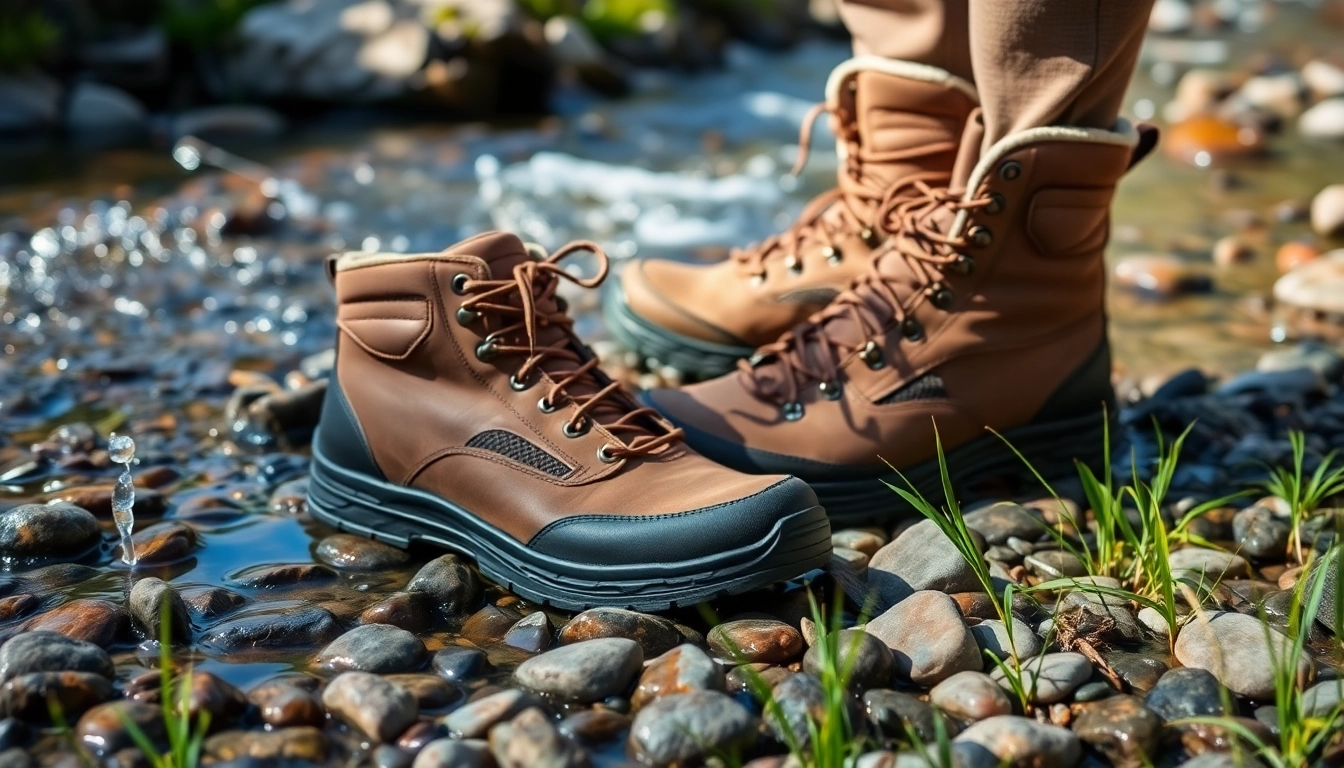 Fly fishing boots standing on a rocky riverbed, showcasing their durability and design.