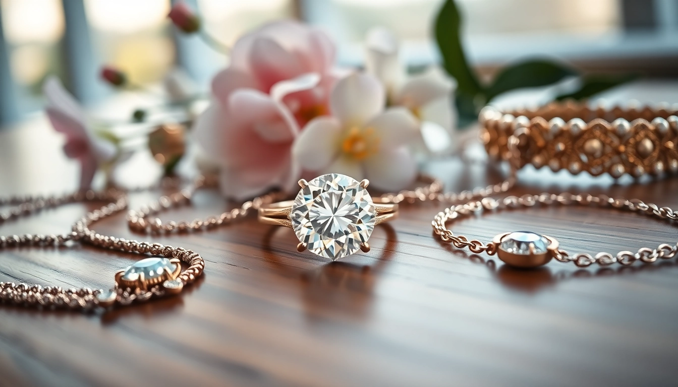 Showcasing exquisite jewelry with a diamond ring and elegant necklaces and bracelets.